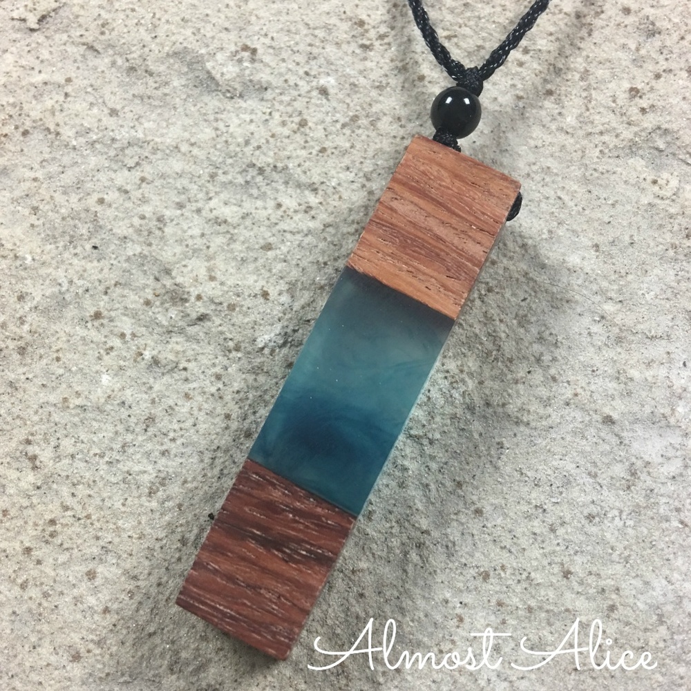 Blue Green Resin and Wood Necklace